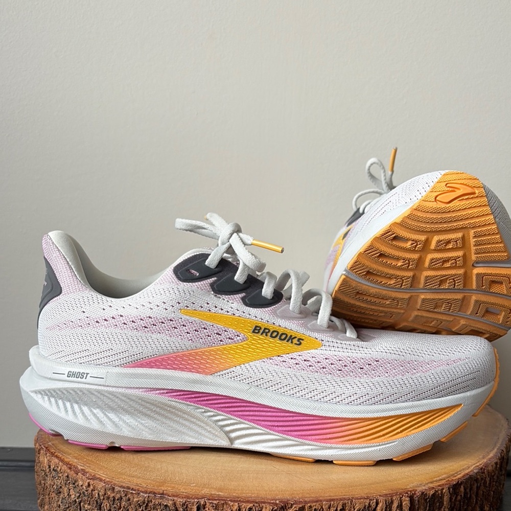 Brooks Women’s Ghost Running Shoes — White with Pink & Yellow Accents